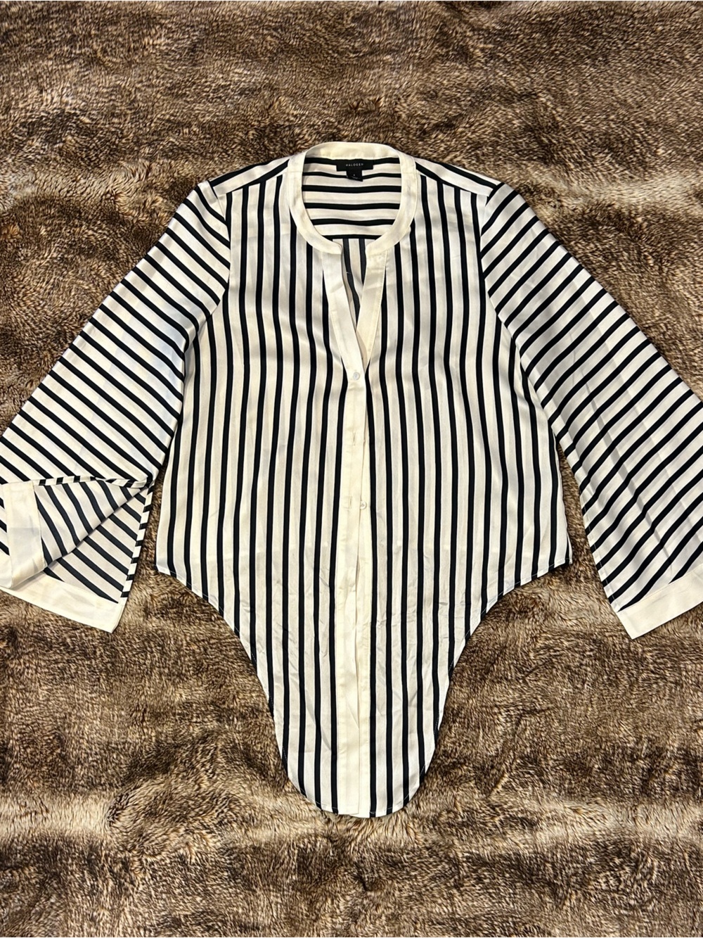 Halogen Navy & White Striped Tie-Front Long Sleeve Button Down Top